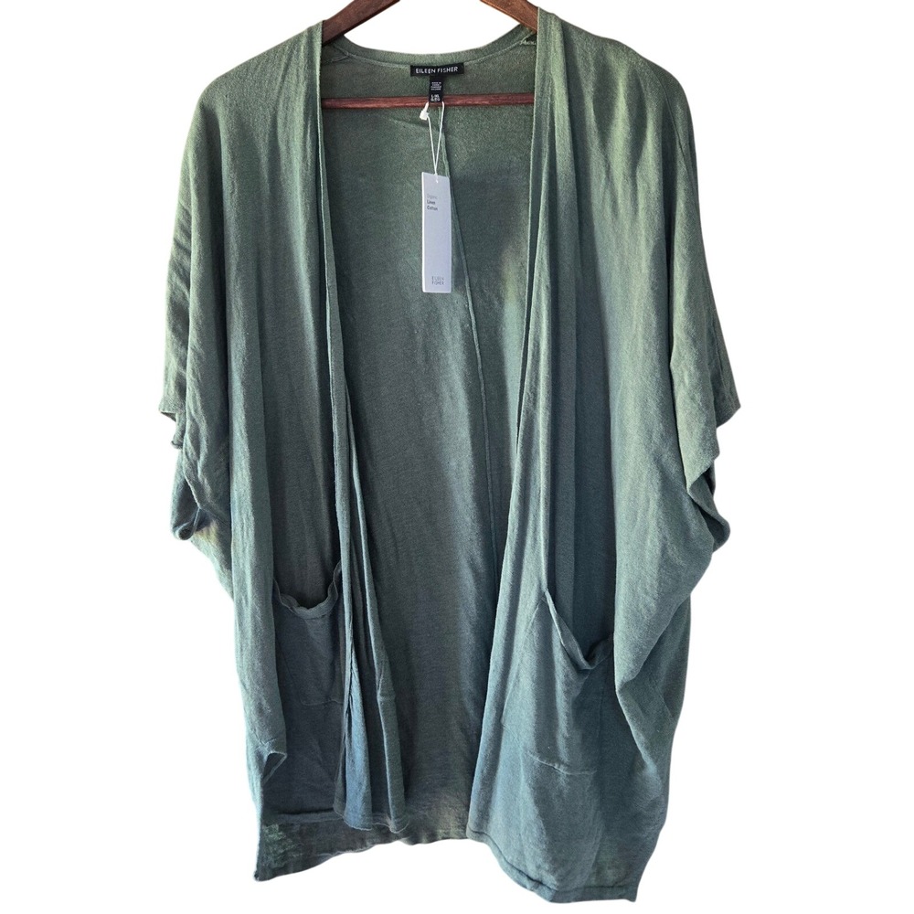 Eileen Fisher Organic Linen Cotton Open Front Cardigan Nori Green L/XL NWT